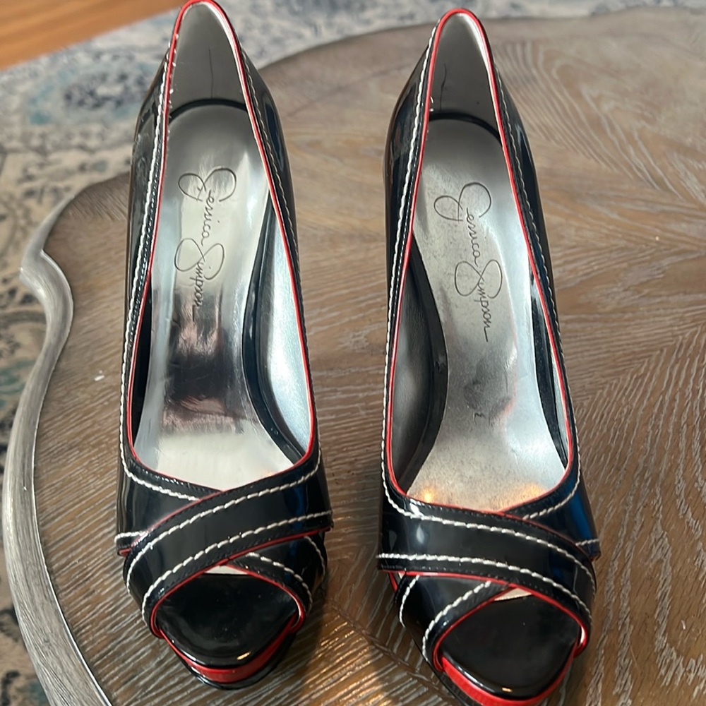 Black patent leather with red accents stiletto heels size